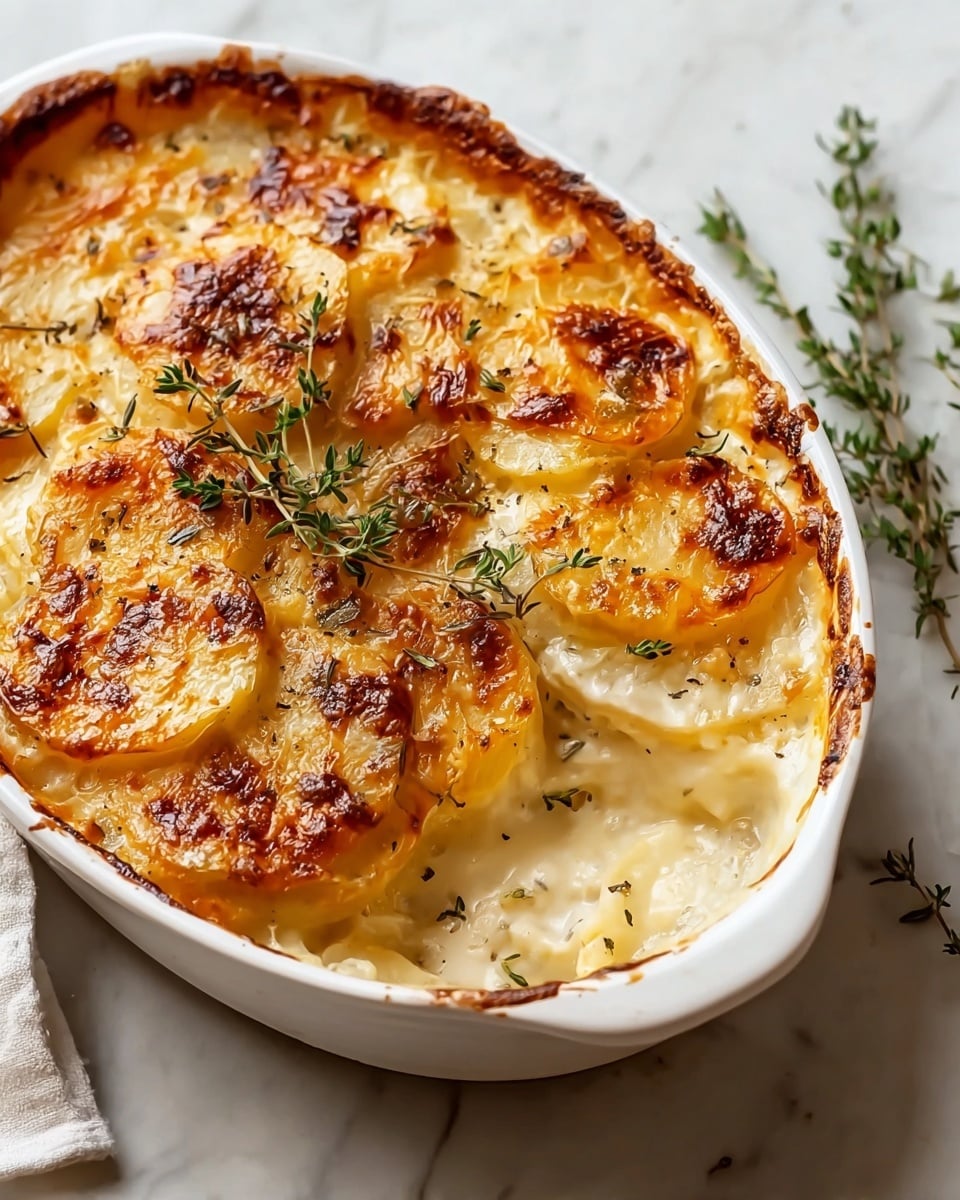 A white oval dish filled with creamy potato gratin showing three visible layers: the bottom layer of soft white potatoes, the middle layer of thick creamy sauce mixed with tender potato slices, and the top layer of golden browned potato slices with a slightly crispy, bubbly cheese crust. The top is decorated with fresh green thyme sprigs, and there is a scoop missing on one side revealing the smooth creamy inside. The dish sits on a white marbled surface with some thyme sprigs nearby. photo taken with an iphone --ar 4:5 --v 7