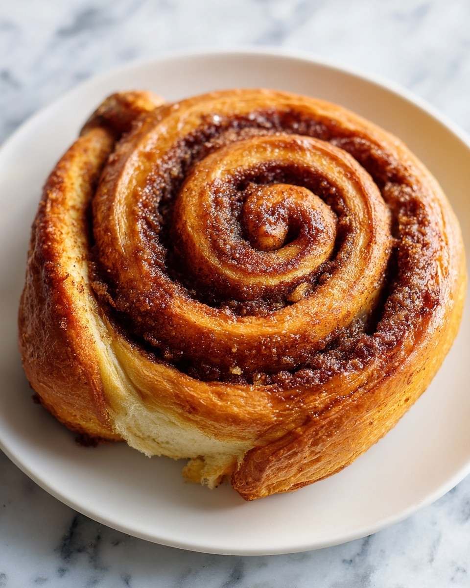 A golden brown cinnamon roll sits on a white plate, showing its spiral shape clearly from the top view. The outer layer is crispy and flaky with a slightly darker edge, while the inner layers have a soft, doughy texture with a rich cinnamon color swirling throughout. The swirl is filled with cinnamon sugar that looks slightly melted and caramelized in some spots. The cinnamon roll is thick and has several visible layers inside the spiral, each layer distinct but soft with a light shine from the sweet filling. The background is a white marbled surface. Photo taken with an iphone --ar 4:5 --v 7