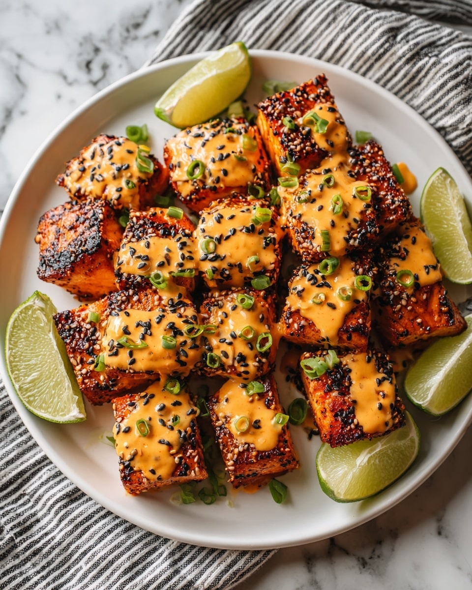 The image shows a round white plate filled with several small, cubed pieces of salmon that are grilled and covered in a creamy, light orange sauce. The salmon pieces are stacked loosely in the center of the plate, and the sauce looks smooth and shiny, coating each piece. Bright green chopped scallions and white and black sesame seeds are sprinkled evenly over the salmon, adding texture and color. Around the edge of the plate, there are four lime wedges with bright green skin and juicy, light green flesh. The plate is on a white marbled surface with some scattered red chili flakes and chopped scallions nearby. photo taken with an iphone --ar 4:5 --v 7