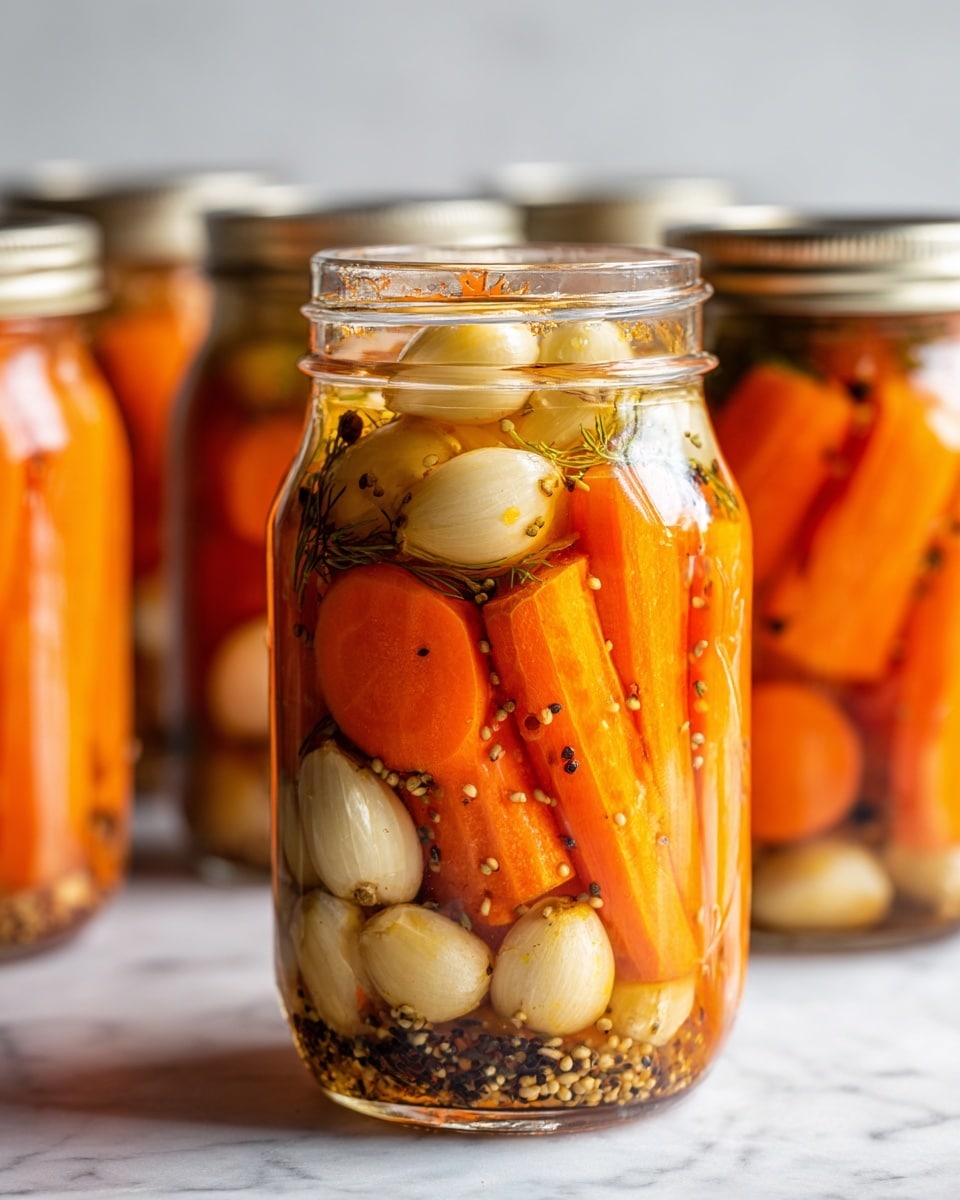 The image shows a close-up of a clear glass jar filled with layers of pickled carrots and garlic cloves. The bottom half of the jar has pale yellow garlic cloves, while the top half has bright orange carrot slices. Tiny black and white seeds scatter throughout the jar, mixed with the clear pickling liquid. The glass jar is placed on a white marbled surface, with similar jars blurred in the background. Photo taken with an iphone --ar 4:5 --v 7