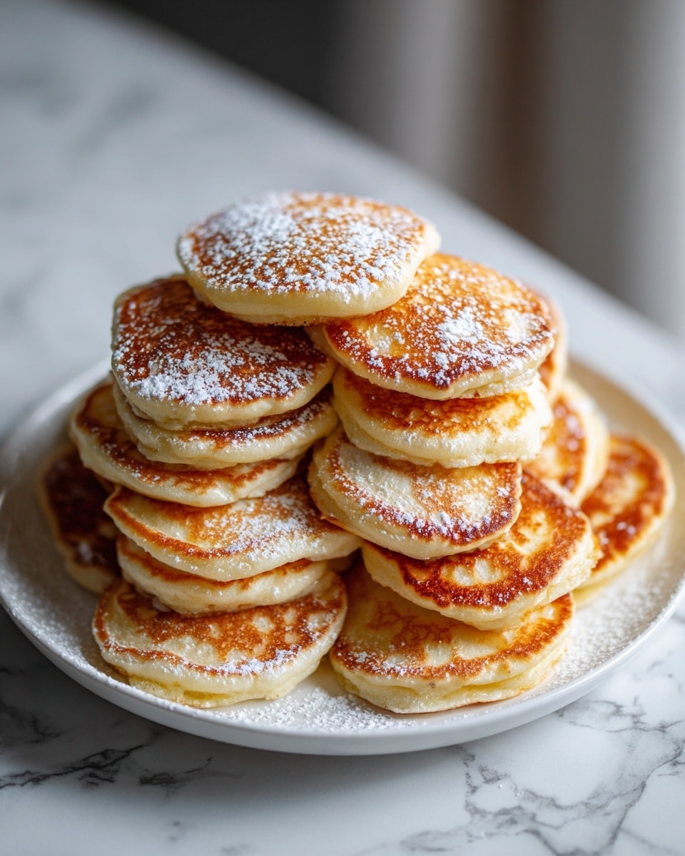 A white round plate filled with two layers of small, golden-brown pancakes stacked neatly on a white marbled surface. The pancakes are thick and fluffy, with a slightly crispy texture on the top surface, which glistens as if lightly coated with syrup or butter. The edges have a soft, smooth appearance and the pancakes have a warm, inviting color. The background shows a kitchen scene with blurred shelves and cooking items, adding a cozy home feel to the image. Photo taken with an iphone --ar 4:5 --v 7