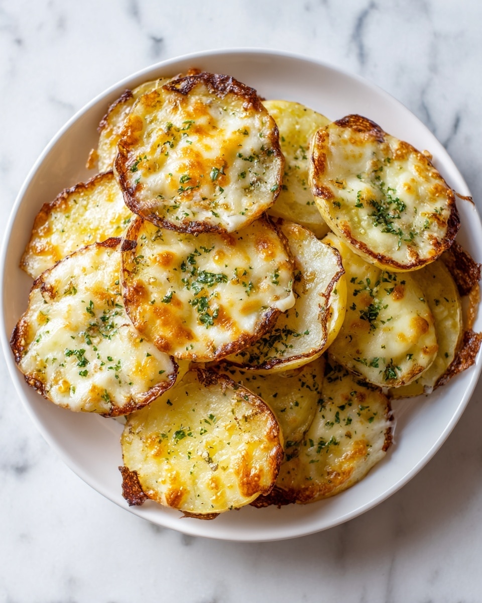 A white plate filled with several round baked potato slices, each slice showing a golden-brown crispy edge with melted cheese on top. The cheese layer is bubbly and slightly browned, covering the surface of each potato slice in a thin, uneven layer. The potato underneath is soft and yellowish, with some green herbs sprinkled over the cheese for a touch of color. The plate sits on a white marbled surface. Photo taken with an iphone --ar 4:5 --v 7