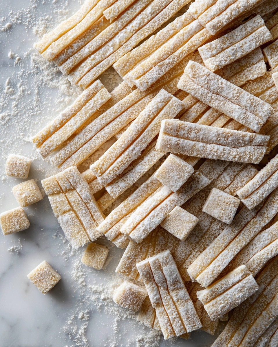 The image shows a large piece of dough rolled out flat on a surface with a white marbled texture, which is lightly dusted with flour. The dough is cut into long, thin strips that are then sliced crosswise into small rectangular pieces, creating a grid pattern. There are some pieces cut loose and slightly shifting from the main dough sheet at the edge. The dough has a pale beige color with a soft, slightly powdery texture. photo taken with an iphone --ar 4:5 --v 7