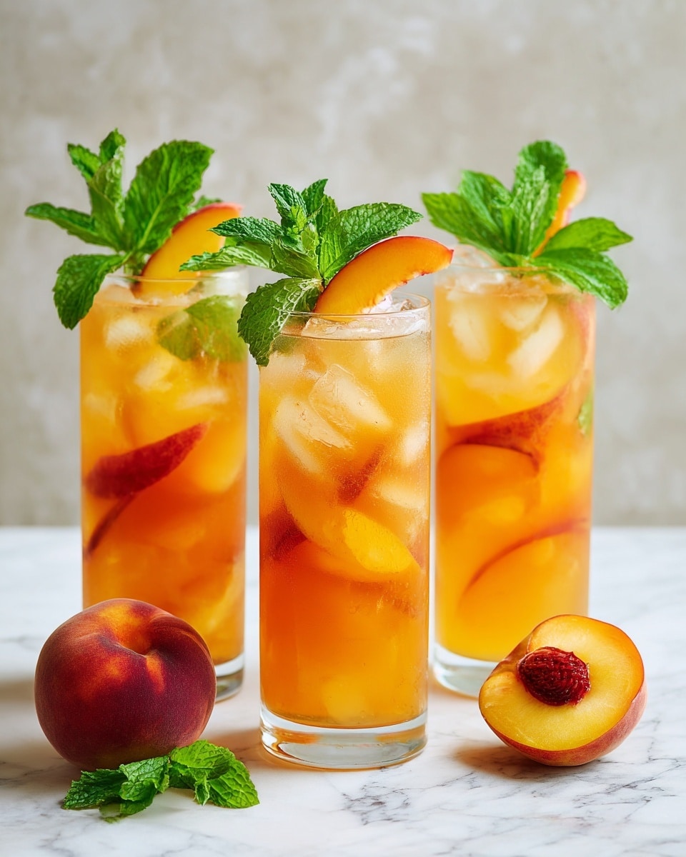 Three tall clear glasses filled with a light orange peach drink, each containing ice cubes and a peach slice inside near the middle, topped with fresh green mint leaves and a peach half sliced and placed on the rim. In front of the glasses, there are two peaches, one whole and one cut in half showing the dark pit with reddish edges around it. All items are set on a white marbled surface. photo taken with an iphone --ar 4:5 --v 7
