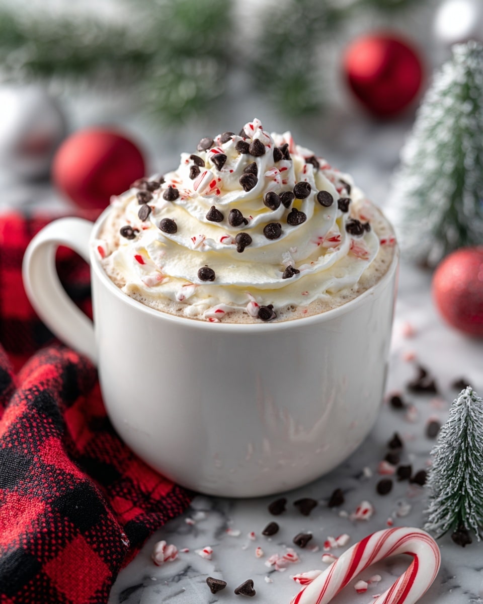 A white cup filled with light brown hot chocolate topped with a thick layer of white whipped cream swirled in soft peaks, sprinkled with small dark brown chocolate chips and tiny red and white peppermint bits, sitting on a white marbled surface scattered with crushed peppermint pieces, a candy cane with red and white stripes lies nearby, and Christmas decorations including small red and silver balls and a snowy green mini Christmas tree surround the cup, with a red and black checkered cloth partially visible on the side; photo taken with an iphone --ar 4:5 --v 7