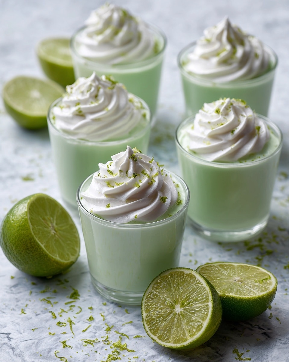 The image shows a close-up of five small clear glass cups filled with light green mousse-like dessert. Each cup is topped with a tall swirl of white whipped cream, sprinkled with small bits of lime zest on top. The cups rest on a white marbled surface, with a whole lime and a cut lime half placed casually in the foreground. The soft lighting highlights the smooth texture of the mousse and the creamy, fluffy whipped cream, creating a fresh and inviting look. Photo taken with an iphone --ar 4:5 --v 7
