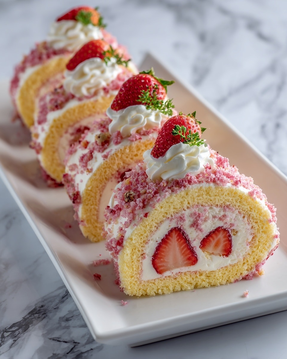 A white rectangular plate holds multiple slices of a light yellow roll cake, each slice showing a full fresh strawberry centered inside, surrounded by creamy white filling. The outside of the roll is covered with pink crumbly bits, and on top of each slice, there is a small dollop of white cream adorned with a tiny sprig of green herb and a small piece of strawberry. The plate is placed on a white marbled surface. Photo taken with an iphone --ar 4:5 --v 7
