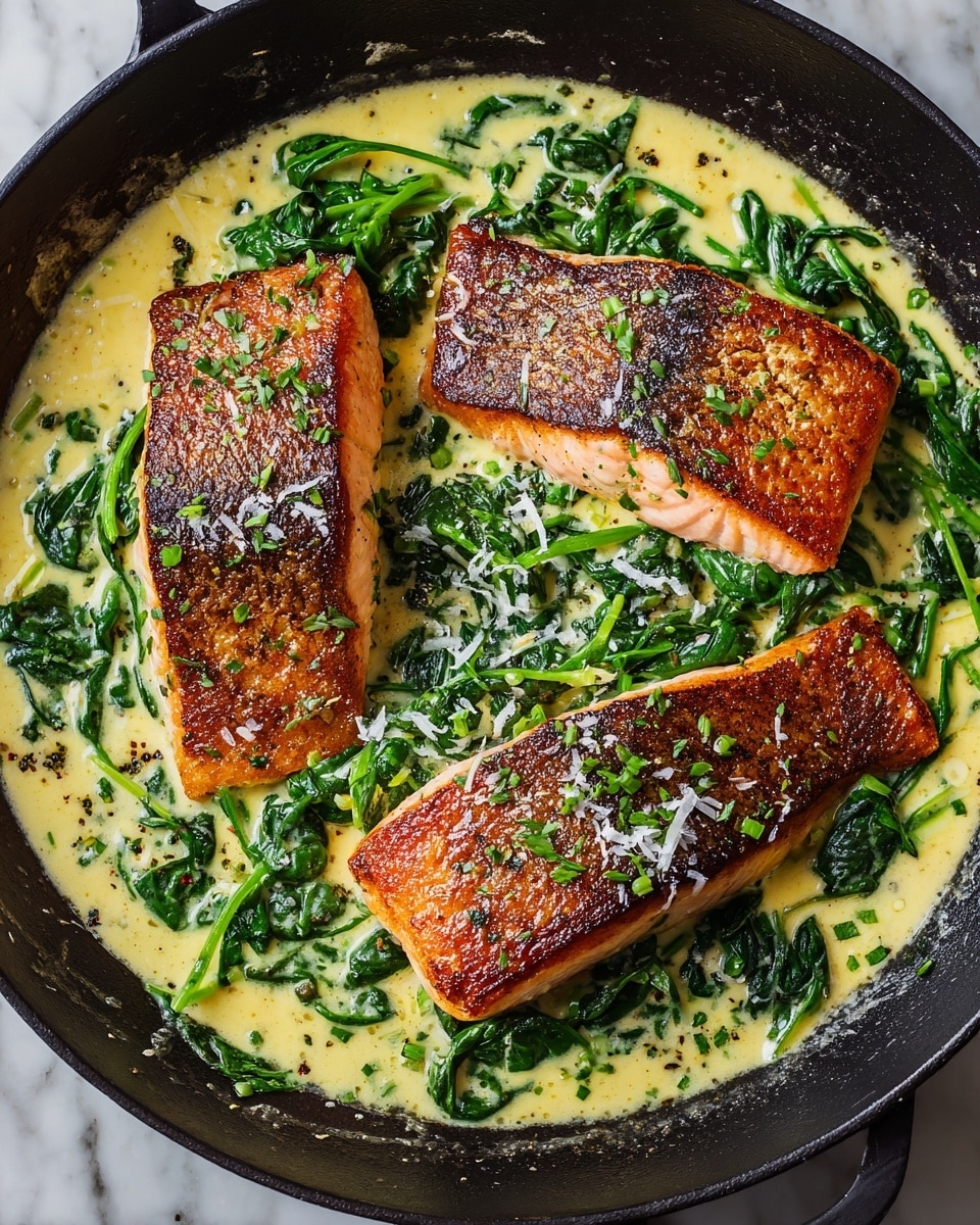Three thick, golden-brown salmon fillets with crisp skin sit on top of a creamy bed of cooked spinach mixed with light yellow sauce in a black pan. The salmon is seasoned with black pepper and garnished with small green herb leaves and thin white shavings of cheese. The creamy sauce pools around the spinach beneath the salmon, creating a rich, smooth texture. The background surface is a white marbled texture. photo taken with an iphone --ar 4:5 --v 7
