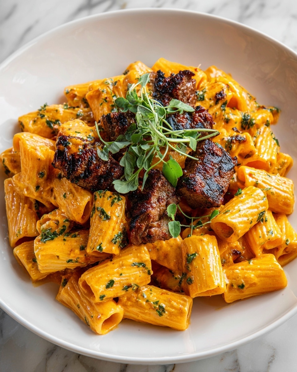 The image shows a close-up of a pasta dish with rigatoni tubes coated in a creamy orange sauce, speckled with green herbs. On top of the pasta, several pieces of grilled meat are stacked, their surfaces browned and slightly charred, giving a textured look. The pasta sits on a white plate, set on a white marbled surface. photo taken with an iphone --ar 4:5 --v 7
