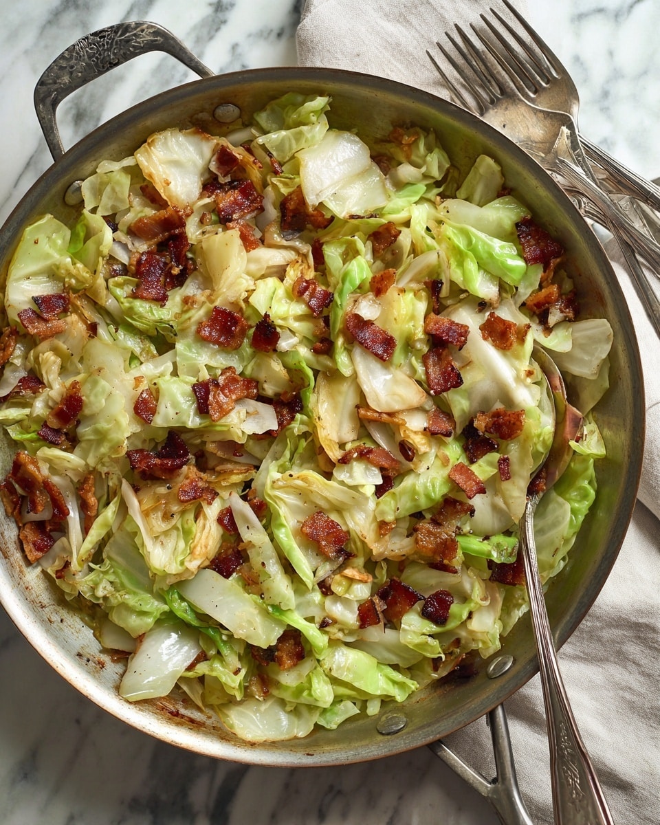 A round silver frying pan filled with a cooked cabbage dish, showing about three layers of soft, pale green and white cabbage pieces mixed with small, crispy, dark reddish-brown bacon chunks scattered throughout. The cabbage pieces have a shiny, slightly oily texture with bits of black pepper sprinkled on top. A silver slotted spoon rests on the right side inside the pan, also covered with bits of cabbage and bacon. The pan is placed on a white marbled surface next to a folded white cloth on the left and white plates with silver forks on the right. Photo taken with an iphone --ar 4:5 --v 7