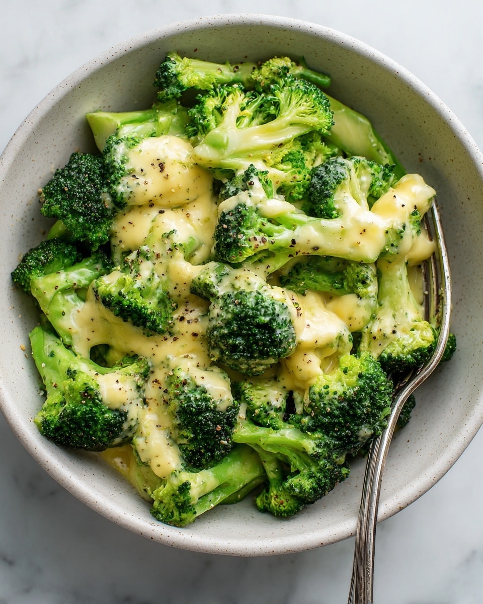 A white speckled bowl filled with bright green broccoli florets that are covered in a creamy light yellow cheese sauce, sprinkled with bits of black pepper. The dish has many broccoli pieces layered closely together, with sauce pooling in between and over the broccoli. A silver fork rests diagonally on the back edge of the bowl. The bowl is set on a white marbled textured surface with a small part of a blue and white striped cloth visible in the bottom right corner. Photo taken with an iphone --ar 4:5 --v 7