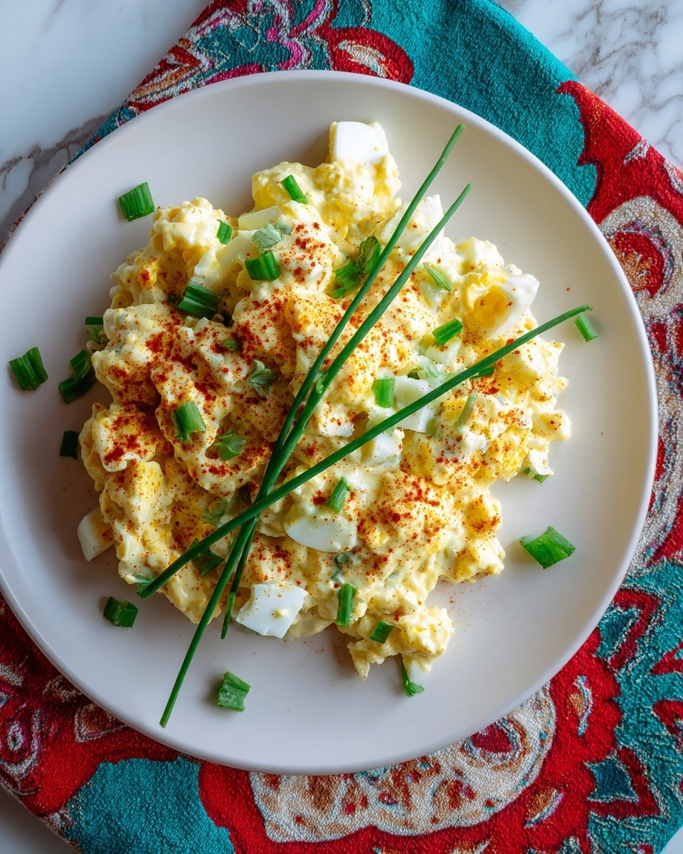 A white plate holds a creamy, chunky egg salad with soft yellow and white pieces mixed together with small bits of green celery. The salad is sprinkled lightly with red paprika and topped with two green chive pieces crossed in the center. The plate rests on a colorful, patterned fabric with blue, red, green, and cream colors, while the surface beneath is a white marbled texture. photo taken with an iphone --ar 4:5 --v 7