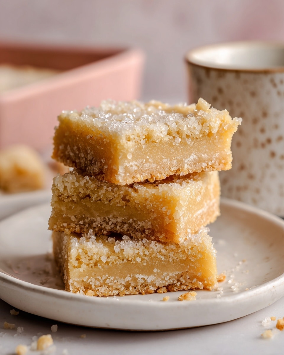 Three crumbly, thick square bars stacked on a simple white plate, each bar showing a pale golden yellow color with a slightly rough texture and a dusting of fine white sugar crystals on top, the bars' edges are slightly crumbly and uneven, with a soft inner appearance that contrasts with the firmer crust, all set against a white marbled surface with parts of a light pink container and a white cup blurred in the background. photo taken with an iphone --ar 4:5 --v 7