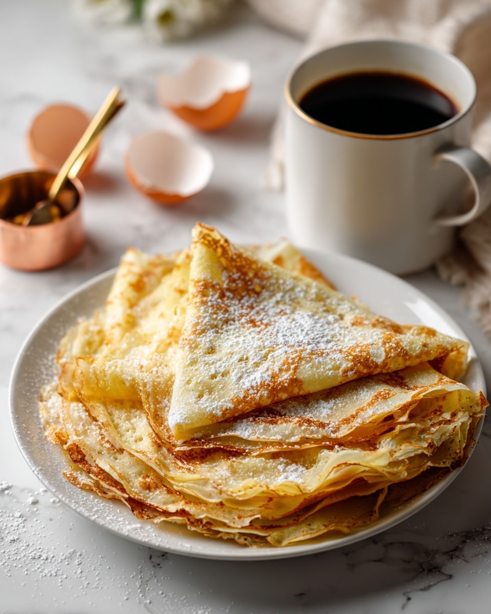 A white plate holds a stack of thin crepes folded into triangles, about three layers thick, with a light golden-yellow color and slightly browned spots. The crepes are dusted with powdered sugar, giving a soft white powdery texture on top. In the background, there is a white marble surface with half an eggshell and a copper measuring cup, along with a white cup filled with black coffee. The overall scene looks bright and clean. photo taken with an iphone --ar 4:5 --v 7