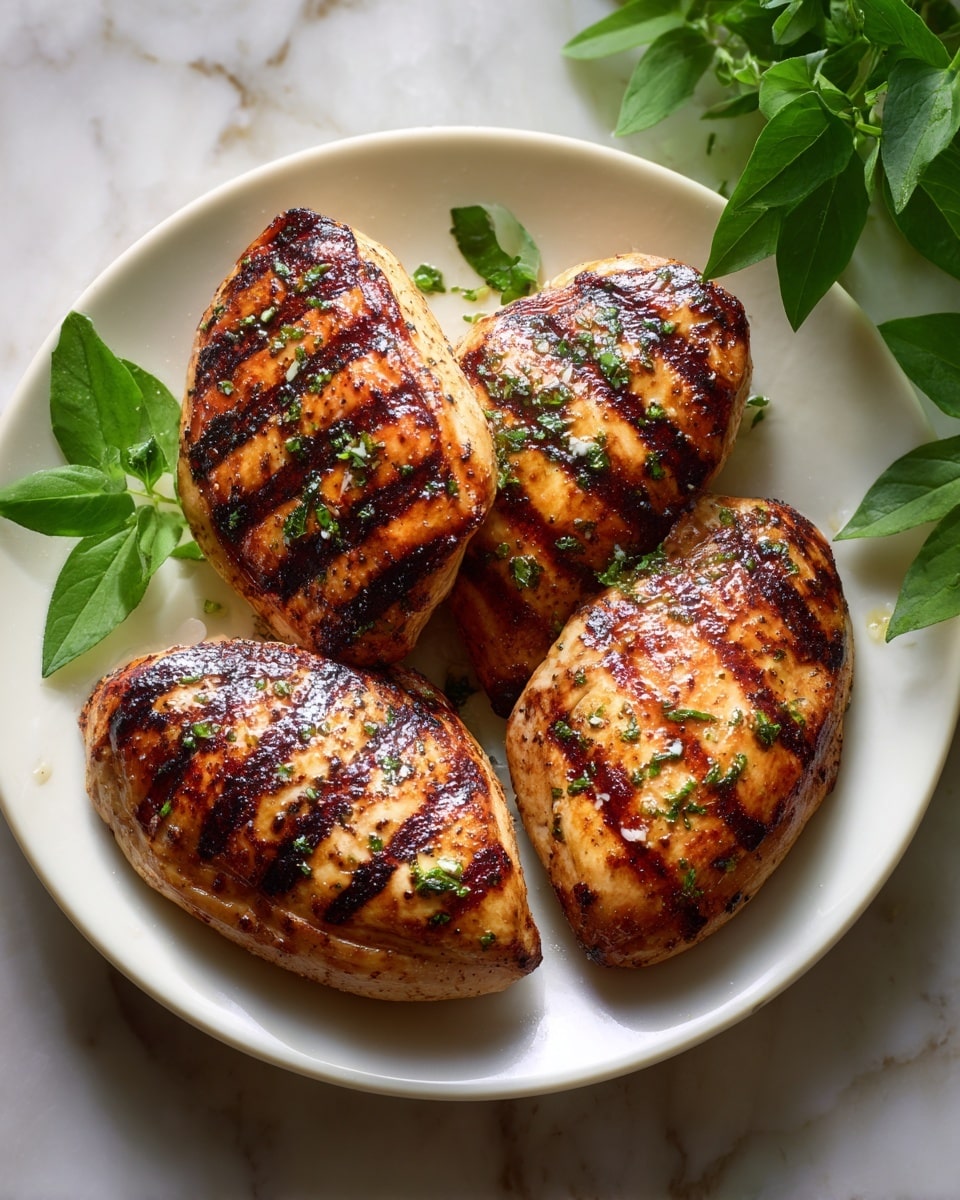 The image shows four grilled chicken breasts stacked slightly on a white plate, each breast with dark brown grill marks crossing their light brown, cooked surface. The chicken texture is juicy and charred with some small herbs or seasoning visible on top. The plate sits on a white marbled surface, with some blurred green plants in the background adding a fresh and natural feel. photo taken with an iphone --ar 4:5 --v 7