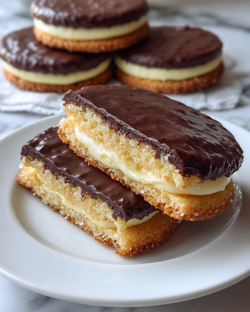 A close-up view of round cookies stacked on a white plate, each cookie has a golden-brown base layer with a creamy yellow filling inside, visible from the bitten cookie in the front. The top layer is smooth, shiny dark chocolate covering the whole cookie, with slight dripping edges. The texture of the cookie base looks soft and crumbly, while the filling is smooth and thick. The background is a white marbled surface, giving a clean and bright look. Photo taken with an iphone --ar 4:5 --v 7
