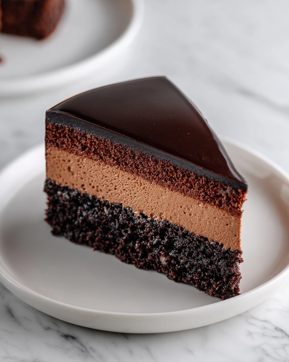 A slice of layered chocolate cake sits on a white plate placed on a white marbled surface. The cake has three layers: a dark, dense-looking base layer with a crumbly texture, a middle layer that is lighter brown and smooth like mousse, and a top layer of glossy, dark chocolate ganache. The edges are clean, and the ganache reflects light softly, showing a shiny surface. Photo taken with an iphone --ar 4:5 --v 7