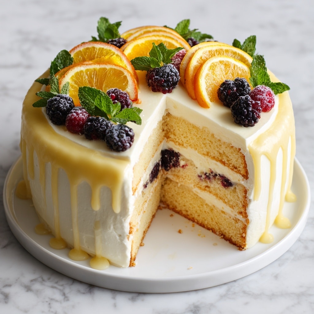 A round layered cake with four visible layers: the bottom is a light yellow sponge, followed by a thick white cream layer, then another sponge layer, and lastly more white cream on top. The top layer is decorated with glossy, thick yellow glaze dripping down the sides. On top, there are segments of yellow lemon slices, small round white lemon slices, blackberries, raspberries, and fresh green mint leaves. The cake sits on a white plate on a white marbled surface. photo taken with an iphone --ar 4:5 --v 7