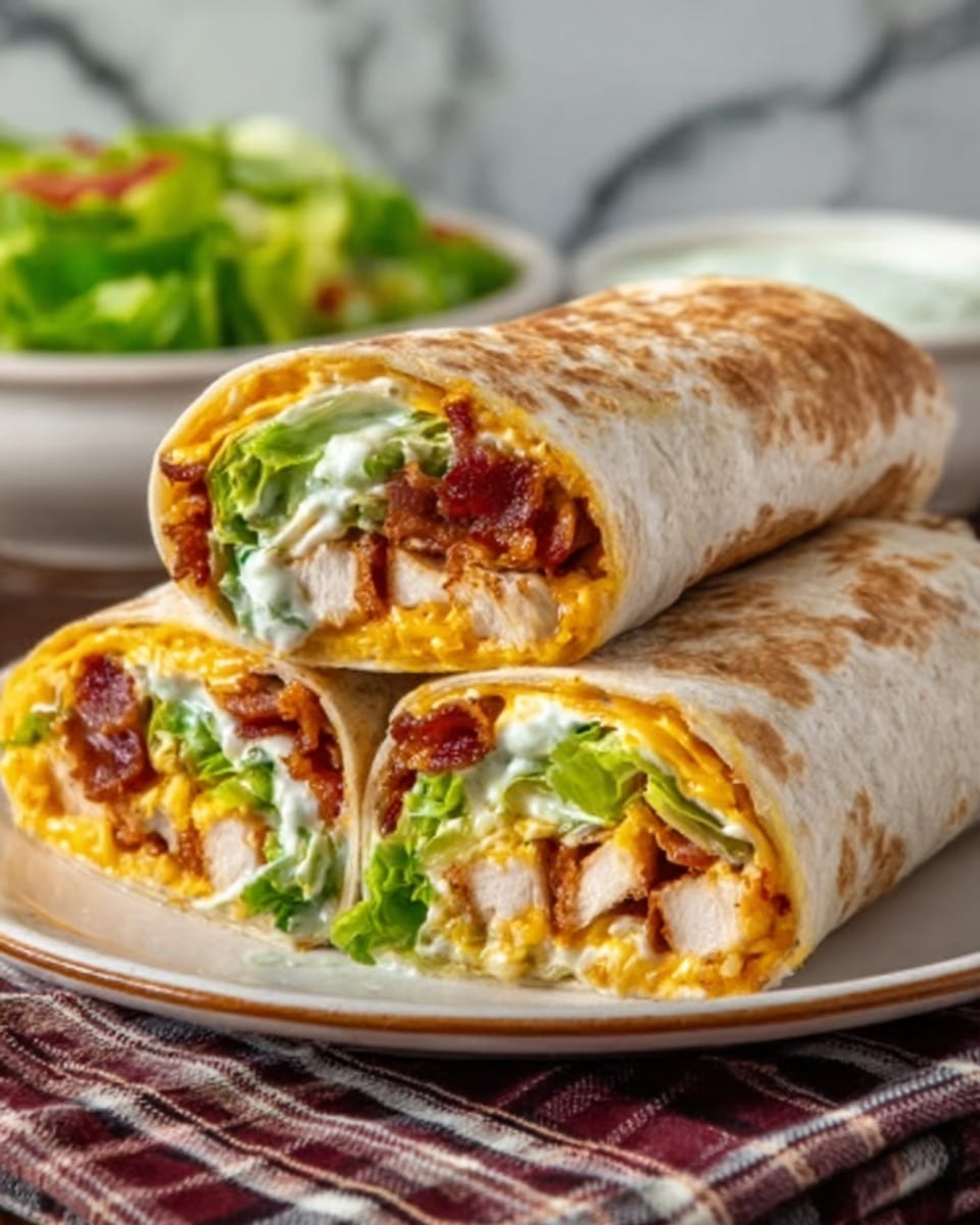 The image shows three thick burritos on a white plate, each cut in half to display their colorful inside layers. Inside the soft, lightly toasted tortilla wrap, there is a layer of melted cheese with an orange tint, followed by a layer of bright green lettuce, and pieces of cooked chicken with a reddish-brown sauce. The burritos are placed side by side on a white marbled surface with a blurred green salad and a sauce bowl in the background. The texture of the wrap is soft with slight grill marks, and the whole dish looks warm and fresh. Photo taken with an iphone --ar 4:5 --v 7