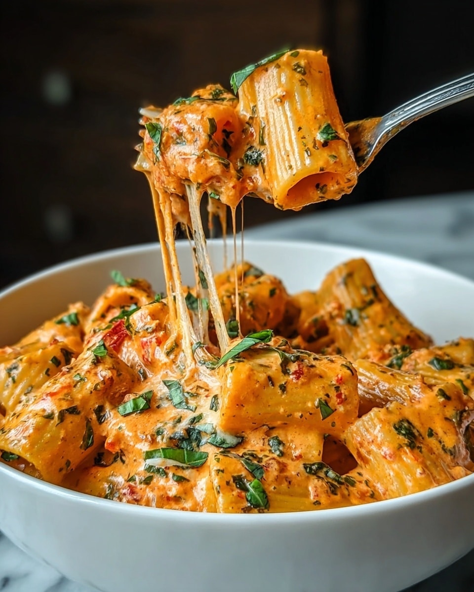 A close-up view of rigatoni pasta layered with a thick, creamy orange sauce speckled with red bits and green herbs, giving it a rich, textured look. The pasta tubes are coated fully in the sauce, some stacked on top of each other inside a white bowl with a thin gold rim. Bright green herb pieces are sprinkled over the dish, adding small pops of color. A fork lifts a few rigatoni pieces with strings of melted cheese stretching down, showing gooey texture. The background is a soft blur, highlighting the pasta. photo taken with an iphone --ar 4:5 --v 7