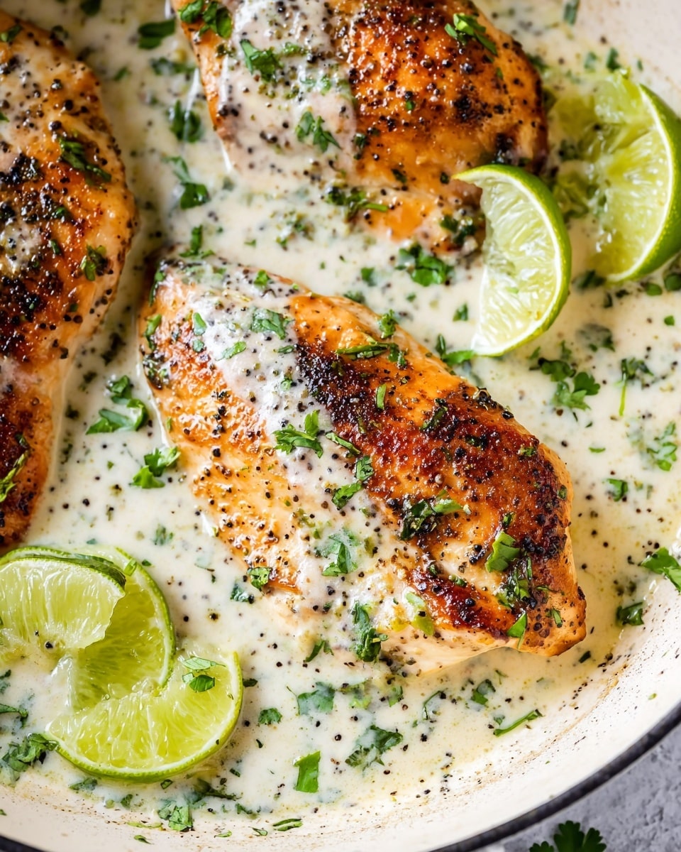 This close-up image shows two golden-brown grilled chicken breasts sitting in a creamy white sauce with specks of black pepper and finely chopped green herbs on top. The chicken has a slightly crispy texture with a light char. There are two bright green lime halves placed near the chicken, one resting partially against the chicken breast. The sauce is thick and creamy, pooling around the chicken, and small pieces of green herbs are scattered throughout. The dish is displayed on a white marbled surface. photo taken with an iphone --ar 4:5 --v 7