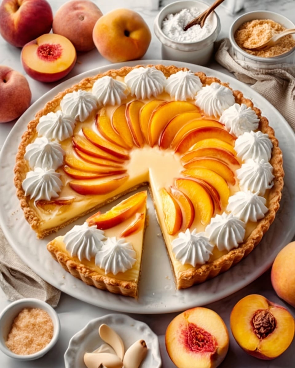 A round peach tart sits on a white marbled surface, with a golden-brown crust forming the base and edges. The tart is topped with thin, bright orange peach slices arranged in a neat circular pattern at the center. Around the peach slices, there is a ring of light, creamy off-white whipped cream piped in soft swirls. The tart is accompanied by fresh whole and halved peaches scattered nearby. In the background, there are bowls of flour, eggs, and milk, along with a white pitcher and some plates that match the white marbled surface. Photo taken with an iphone --ar 4:5 --v 7