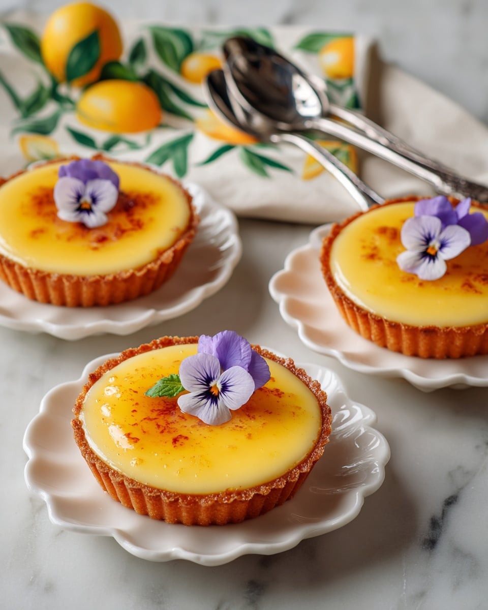 Three small round orange cups filled with creamy yellow custard, each topped with a small purple and white edible flower. The custard has a smooth texture with some golden brown caramelized spots in the center. Each orange cup is placed on a small white plate with a wavy edge, all set on a white marbled surface. In the top right corner, there are three shiny silver spoons lying on a cloth napkin decorated with bright yellow lemons and green leaves, bordered with an orange stripe. Photo taken with an iphone --ar 4:5 --v 7