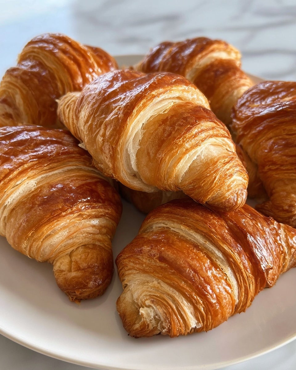 A white plate with delicate raised patterns holds seven golden-brown croissants, each showing multiple flaky layers with a shiny, crisp outer crust. The croissants have a rich, warm color gradient from light golden on the inner layers to a deeper amber on the outer edges, with some edges slightly darker, indicating a perfect bake. They are arranged closely, filling the plate with some croissants leaning over others, showing their curved, crescent shape and soft, airy texture within the visible layers. The background is a white marbled surface. photo taken with an iphone --ar 4:5 --v 7