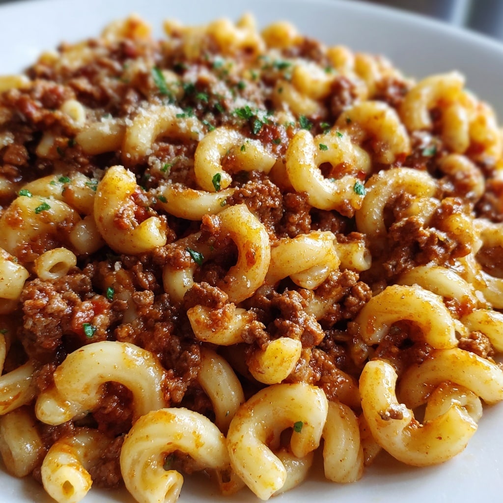 The image shows a close-up of a bowl filled with macaroni pasta mixed with a rich ground beef meat sauce. The pasta is light golden yellow and curved in small elbow shapes. The meat sauce is dark brown with visible chunks of cooked ground beef and small pieces of red tomato, blending well with the pasta. There are tiny green herb bits sprinkled over the dish, adding color contrast. The texture of the sauce looks thick and hearty, coating the pasta evenly. The bowl is white, sitting on a white marbled surface, and the focus is tight on the food itself, showing details of the moist and savory mixture. Photo taken with an iphone --ar 4:5 --v 7