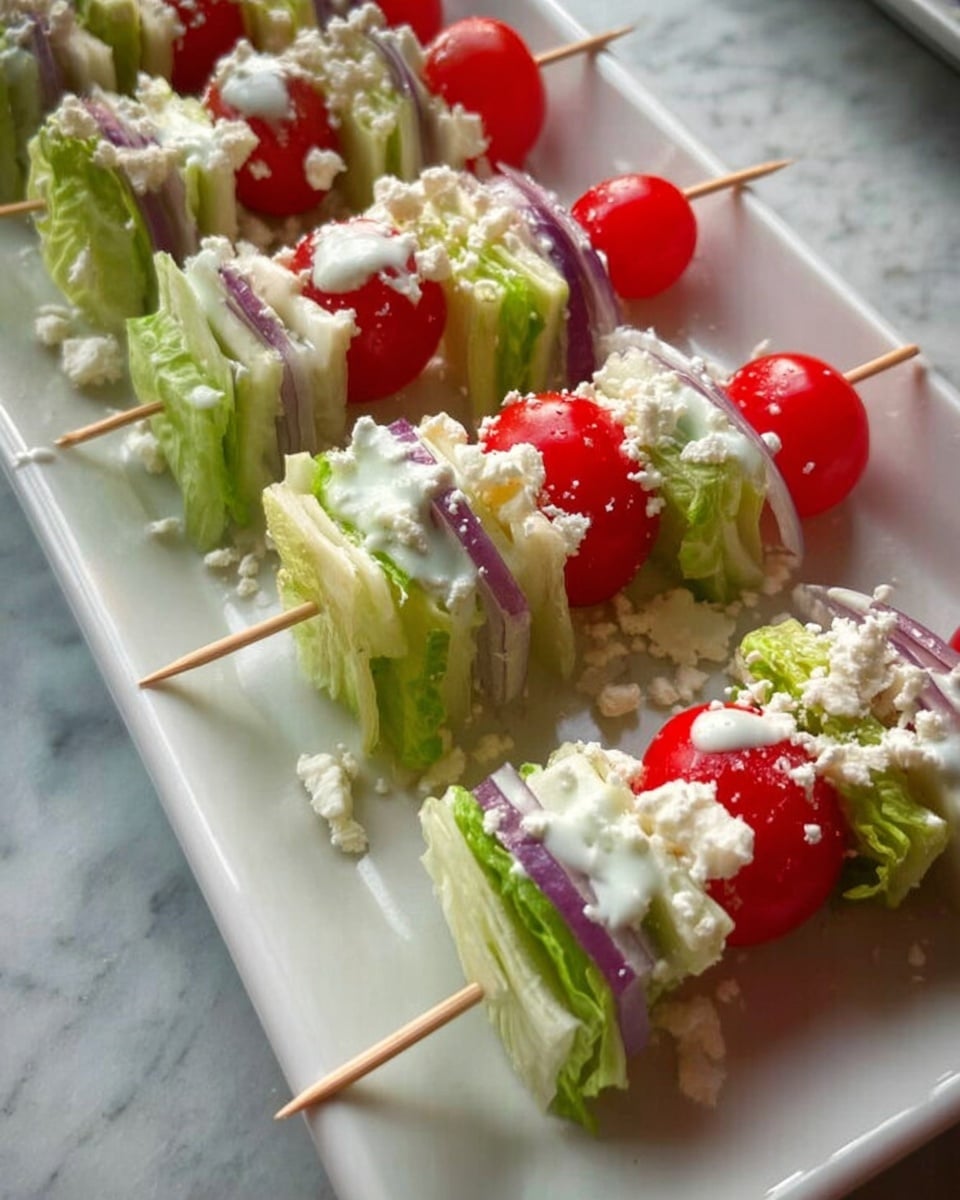 The image shows several white rectangular plates holding vegetable skewers neatly arranged in rows. Each skewer has four layers: bright green lettuce leaves as the base, a thin piece of light purple onion layered next, a half cherry tomato with bright red smooth skin third, and crumbled white cheese with a slightly creamy texture on top. A light drizzle of creamy white dressing is spread over some parts of the cheese and tomatoes. The skewers are resting on a white marbled surface. photo taken with an iphone --ar 4:5 --v 7