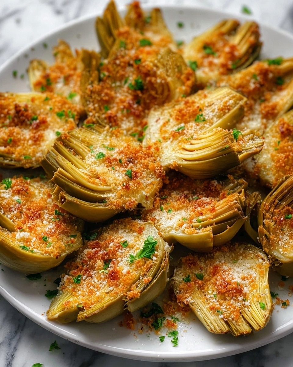 The image shows a white plate filled with many golden-brown artichoke halves, each covered with a crunchy layer of toasted breadcrumbs and grated cheese. The artichokes are cut to show their layered pale yellow and light green leaves inside, with the crispy topping decorating the flat side facing up. Small bits of fresh green parsley are sprinkled over the whole dish, adding a touch of color. The plate sits on a white marbled surface, creating a clean and bright setting. photo taken with an iphone --ar 4:5 --v 7