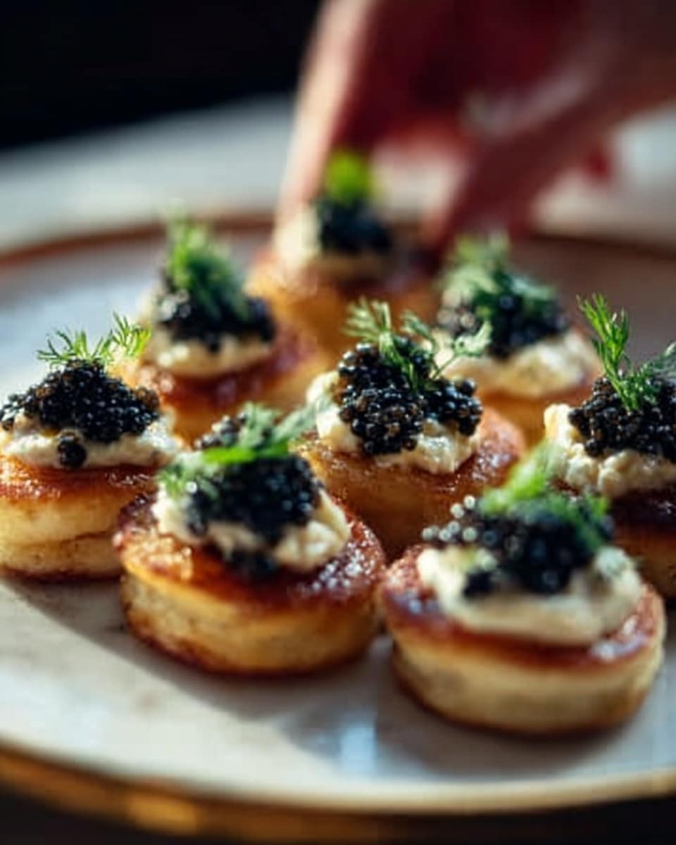 The image shows a close-up of several small, round, golden-brown blinis topped with a creamy spread and small black caviar beads. Each blini has a small sprig of fresh green herb, likely dill, on top, adding a touch of color and freshness. The blinis are arranged closely on a white plate, placed on a white marbled surface. A woman's hand is gently holding one of the blinis. The lighting is warm, highlighting the textures of the blinis, cream, and caviar. photo taken with an iphone --ar 4:5 --v 7