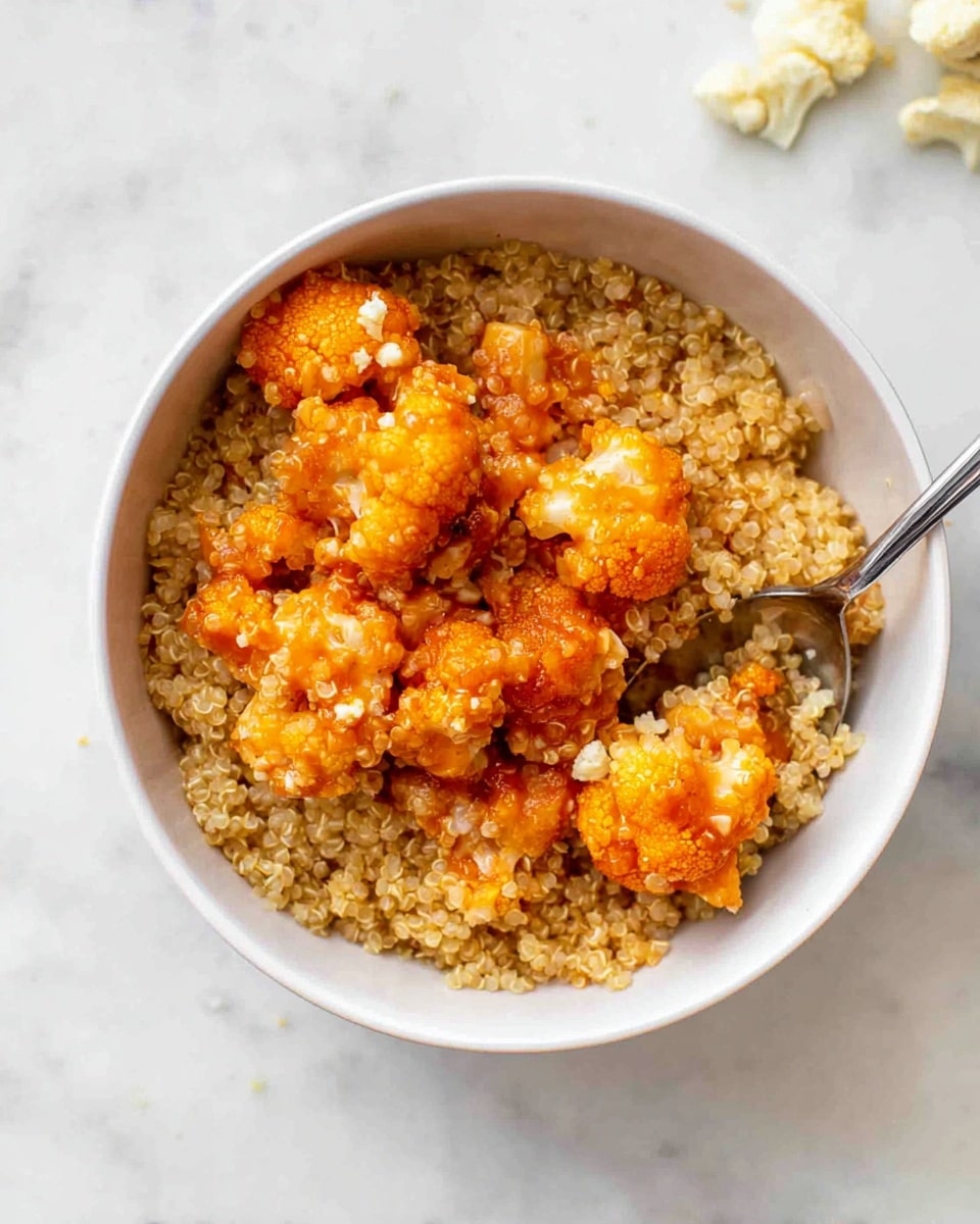 A white bowl filled with cooked quinoa as the base layer, showing small, round, beige grains. On top, there are larger pieces of cauliflower coated in a bright orange sauce, giving a slightly crispy and saucy texture. The cauliflower pieces are uneven in size and scattered over the quinoa, with some small bits mixed in. A silver spoon is partially placed inside the bowl on the right side, resting on the mix. The bowl is set on a white marbled surface with a few small cauliflower pieces around it. photo taken with an iphone --ar 4:5 --v 7