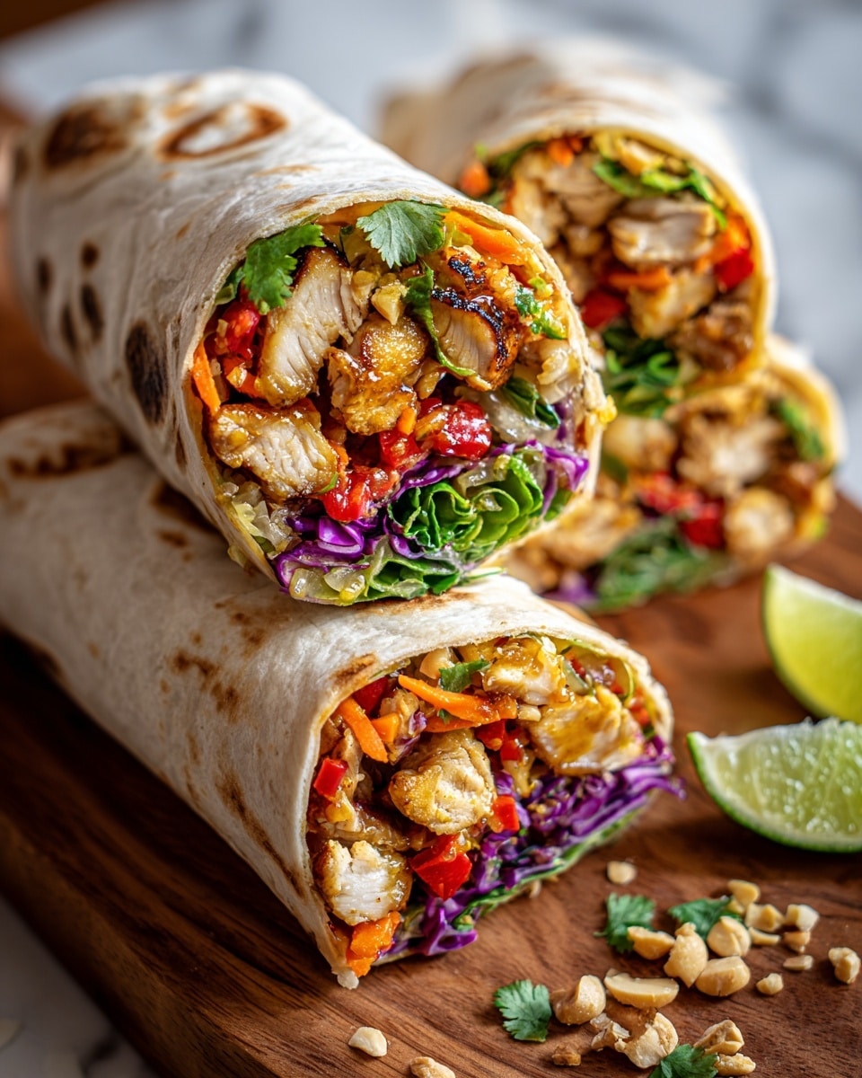 A close-up of three chicken wraps stacked on a wooden board, each wrap cut in half showing layers inside: grilled golden-brown chicken pieces, bright orange shredded carrots, chopped red bell peppers, fresh green leafy lettuce, purple cabbage, and chopped cilantro on top. The wrap is a soft white tortilla with slight toasting marks on it. Some crushed peanuts are scattered around the wraps, and two lime wedges in the background add a splash of green on a white marbled surface. photo taken with an iphone --ar 4:5 --v 7