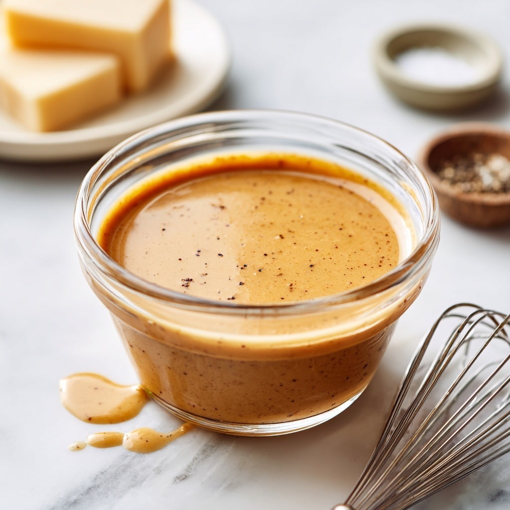 A clear round glass bowl filled with a smooth, light brown sauce that has a slightly grainy texture and a few black specks inside, sitting on a white marbled surface. Near the bowl, there are two small pieces of light beige cheese and a metal whisk with some sauce droplets on it. In the upper right corner, a small white dish contains some coarse salt and black pepper flakes, and a blurred light green bottle is visible in the background. photo taken with an iphone --ar 4:5 --v 7