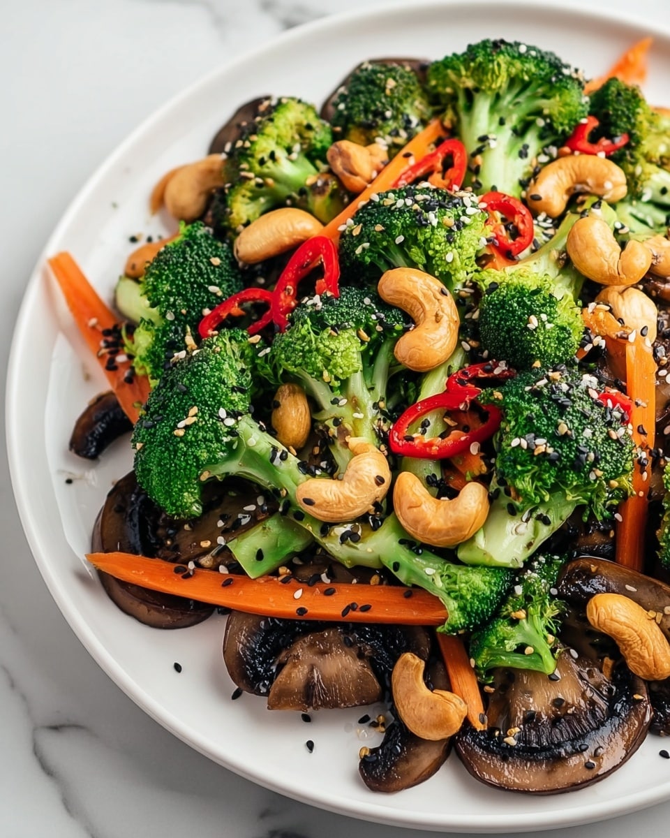 This dish shows a white plate filled with three main layers: the bottom layer has dark brown, sliced mushrooms that are spread evenly across the plate; above that are thin, orange carrot sticks scattered over the mushrooms; the top layer is full of bright green broccoli florets with some browned edges, mixed with whole light tan cashews and small red chili slices. Black and tan sesame seeds are sprinkled all over the dish, adding texture and color. The background has a white marbled texture. photo taken with an iphone --ar 4:5 --v 7
