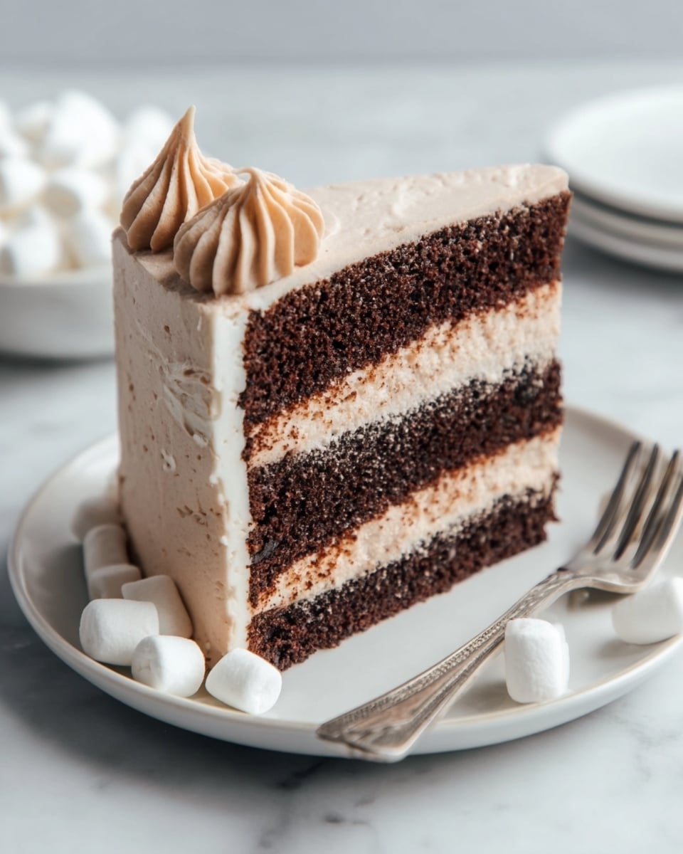 The image shows a slice of four-layer chocolate cake with light brown frosting between each layer and covering the outside. The cake layers are dark brown and look soft, while the frosting is smooth and creamy. On top of the slice, there are two small swirls of frosting near the back edge. The slice is on a white plate, with several small white marshmallows scattered around the plate. The background is a white marbled surface. A fork rests on the plate next to the cake slice. Photo taken with an iphone --ar 4:5 --v 7