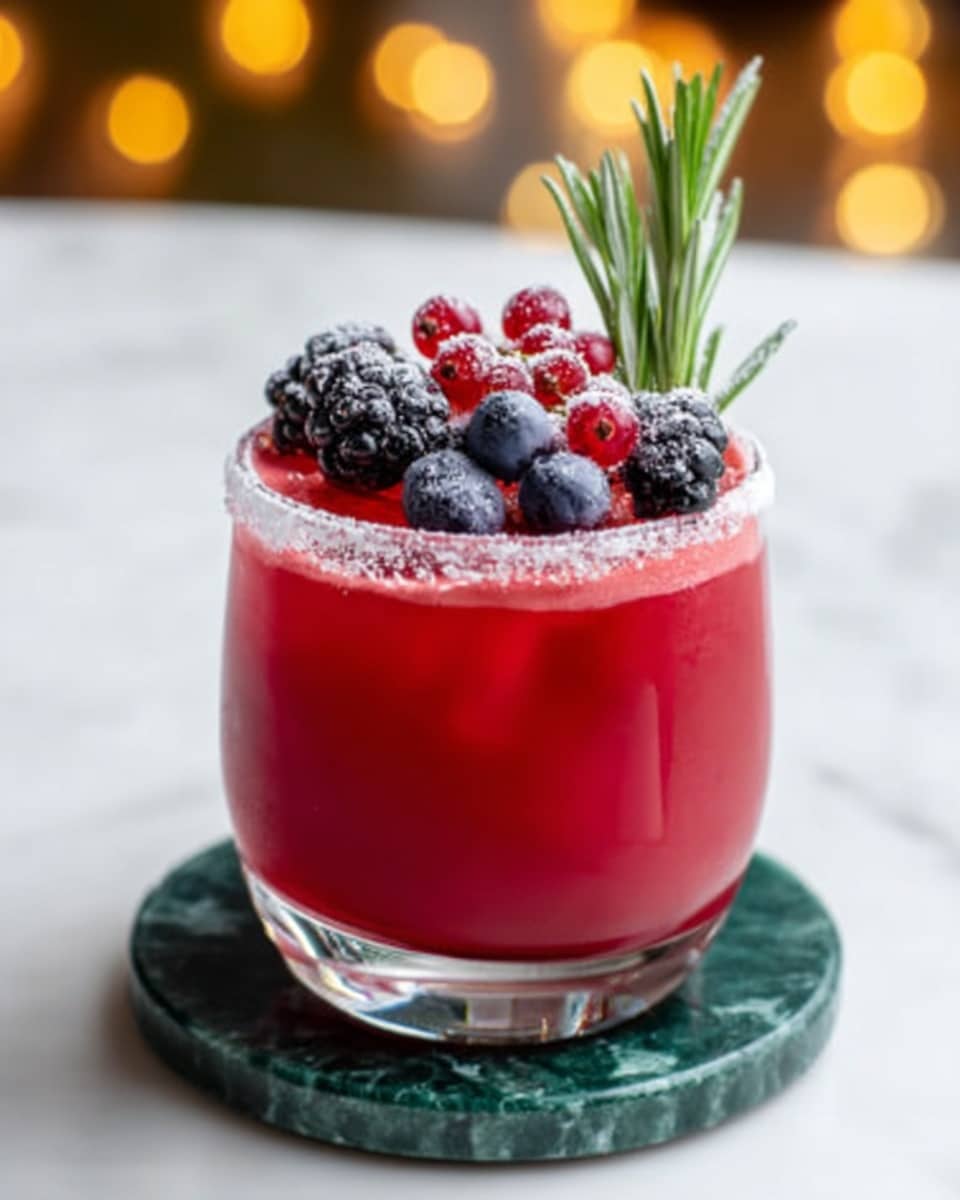 The image shows a clear round glass filled with a bright red drink. On top, there is a layer of foam with a small cluster of fresh berries, including blackberries, red currants, and blueberries, all dusted lightly with powdered sugar. A sprig of green rosemary is placed upright on one side of the berries. The glass sits on a dark green marble coaster, and the background is a soft white marbled texture with blurred warm lights in the distance. photo taken with an iphone --ar 4:5 --v 7