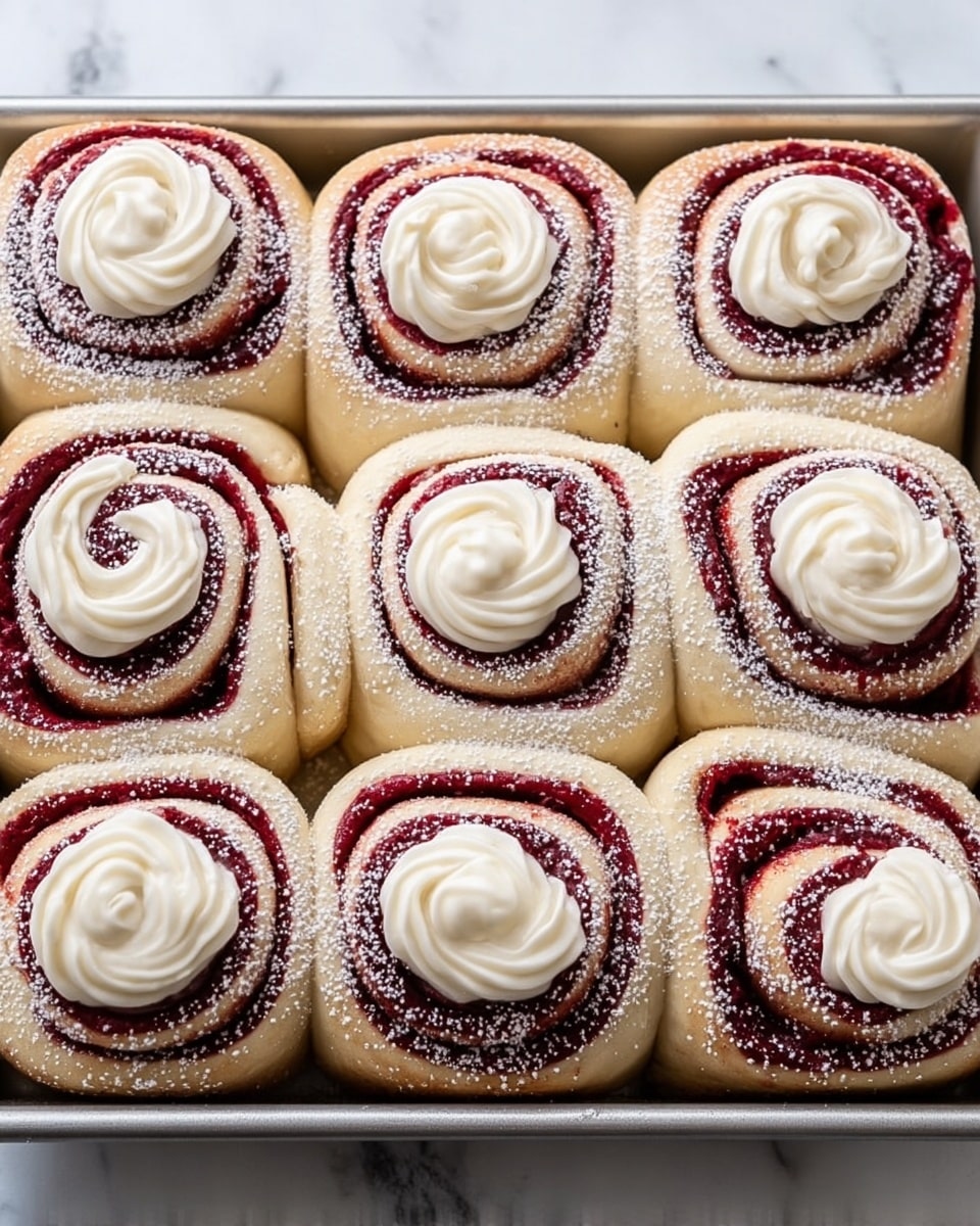The image shows nine red velvet cinnamon rolls arranged in a 3x3 grid, each with a square base of soft, light beige dough. The rolls have dark red swirls rolled inside the dough, creating thick twisted layers. On top of each roll is a smooth white cream cheese icing spun in a spiral shape, sitting neatly on the dark red layer. Light white powdered sugar is dusted over the rolls adding a soft dusting look. The rolls are in a silver baking tray placed on a white marbled surface. photo taken with an iphone --ar 4:5 --v 7