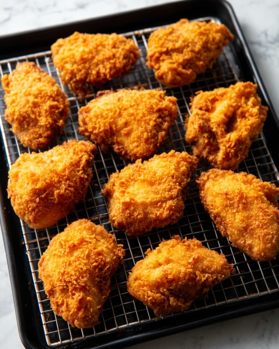 The image shows nine pieces of golden-brown fried chicken with a crispy, crunchy coating. The chicken pieces are evenly spaced on a black cooling rack placed on a black baking tray. The breading looks rough and textured, showing the crispiness of the fried coating. The chicken pieces vary in size and shape, creating a natural, homemade feel. The background is a white marbled texture. photo taken with an iphone --ar 4:5 --v 7