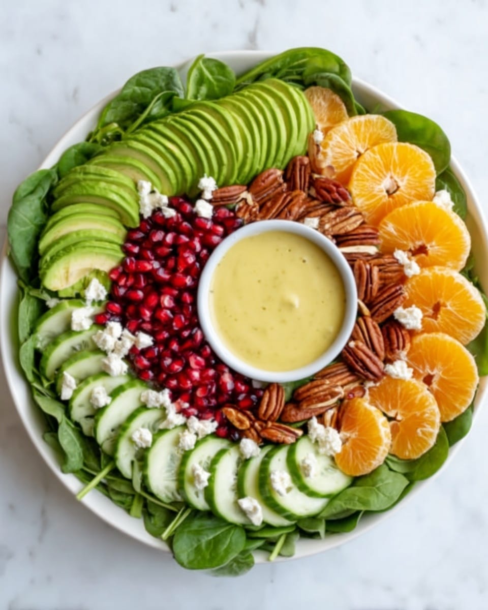 A white bowl filled with a colorful salad arranged in a circular wreath shape on a white marbled surface. The salad base is fresh green spinach leaves forming the outermost layer. Inside the spinach, there are bright red pomegranate seeds on one side, thinly sliced green avocado fanned out on the opposite side, and sections of orange segments placed next to the avocado. Slices of cucumber form another inner ring, topped with small white crumbles of cheese and whole pecans evenly spaced throughout. In the center of the bowl is a small white dish filled with a smooth pale yellow dressing. photo taken with an iphone --ar 4:5 --v 7