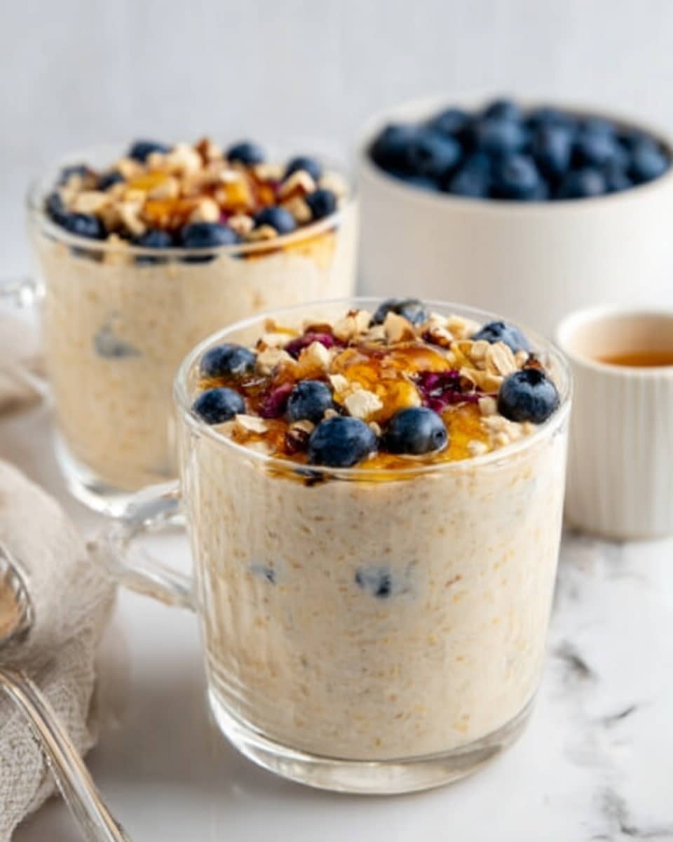 The image shows two clear glass cups filled with creamy oatmeal topped with fresh blueberries, chopped nuts, and a drizzle of honey. The oatmeal is light beige and fills most of the cup, with the topping spread evenly on the surface, showing a mix of deep blue, golden brown, and light amber colors. In the background, there is a white bowl full of blueberries and a small white cup, all sitting on a white marbled surface. The scene is bright and clean, focusing on the texture and colors of the oatmeal and toppings. photo taken with an iphone --ar 4:5 --v 7