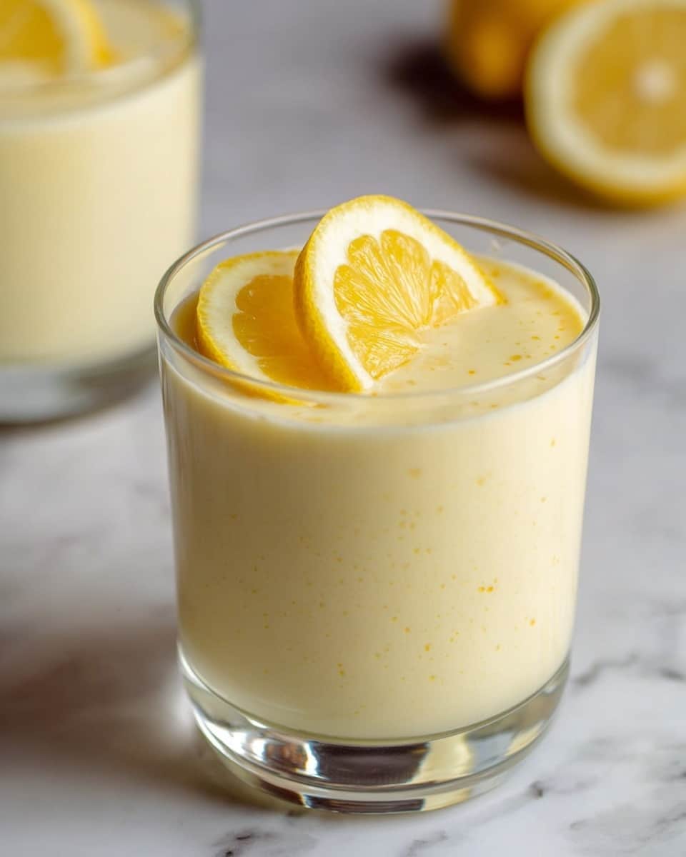 A clear glass filled with a creamy, pale yellow drink sits on a white marbled surface. The drink is smooth with tiny specks visible throughout, showing its rich texture. On top, there are two thin, bright yellow lemon slices slightly overlapping, adding a fresh touch to the drink. In the background, a second similar glass is faintly visible, maintaining focus on the front glass. photo taken with an iphone --ar 4:5 --v 7