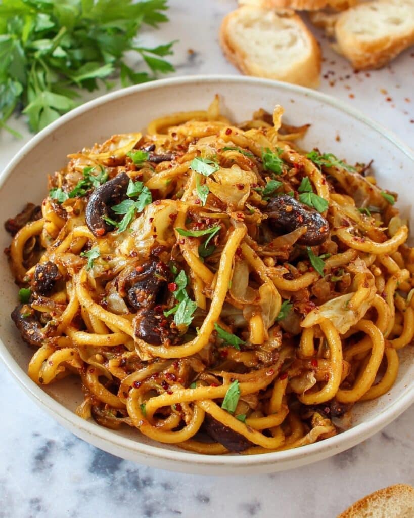 Fried Cabbage and Noodles with Tempeh and Herbs Recipe