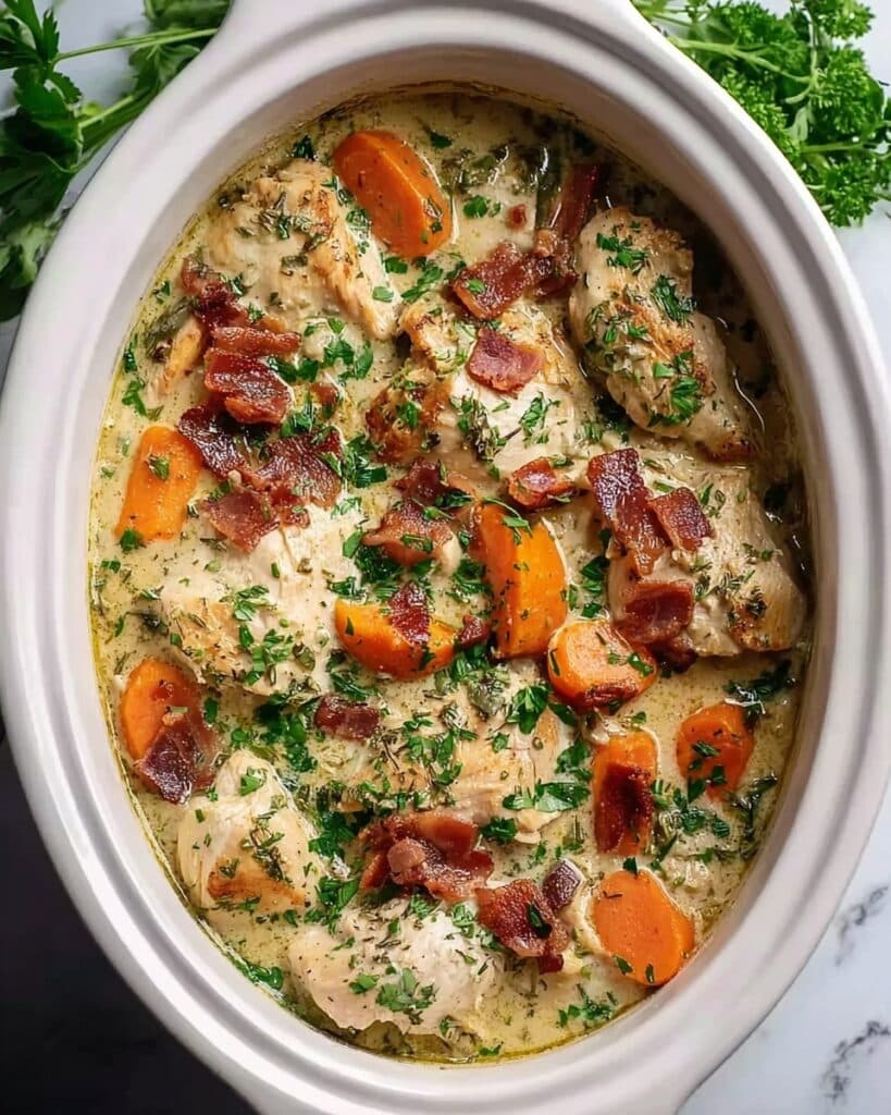 Homemade Slow Cooker Chicken Casserole with Bacon and Creamy Mustard Sauce Recipe
