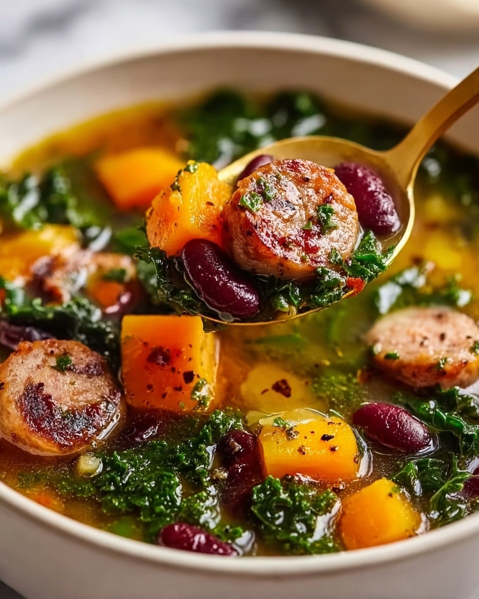 The image shows a close-up of a white bowl filled with a colorful soup on a white marbled surface. The soup has visible chunks of orange butternut squash, dark green kale leaves, red kidney beans, and browned sausage slices with a textured, grilled surface. A golden spoon is lifting a round sausage piece, some kale, and a squash cube from the bowl, showing the rich broth in the background. The ingredients float in a light golden-yellow broth that has small specks of seasoning scattered throughout. Photo taken with an iphone --ar 4:5 --v 7