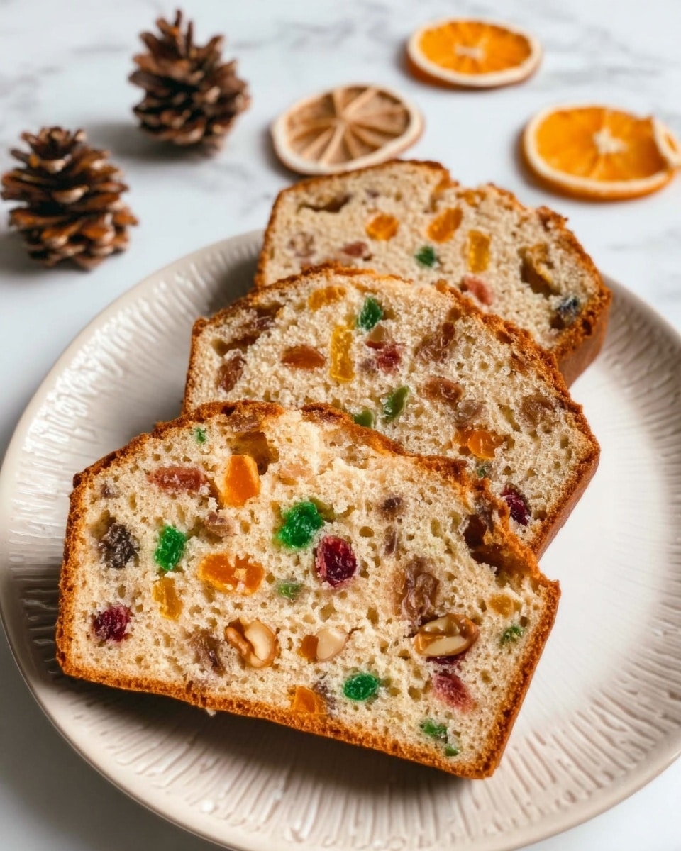 The image shows three slices of fruit and nut bread placed on a white plate with a subtle embossed pattern. The bread has a light brown crust and a pale beige inside filled with visible orange fruit pieces, green and red candied bits, and various-sized walnut chunks. The texture looks soft and slightly crumbly. Behind the plate, there are two pine cones and some round dried orange slices on a white marbled surface, creating a simple and cozy scene. photo taken with an iphone --ar 4:5 --v 7