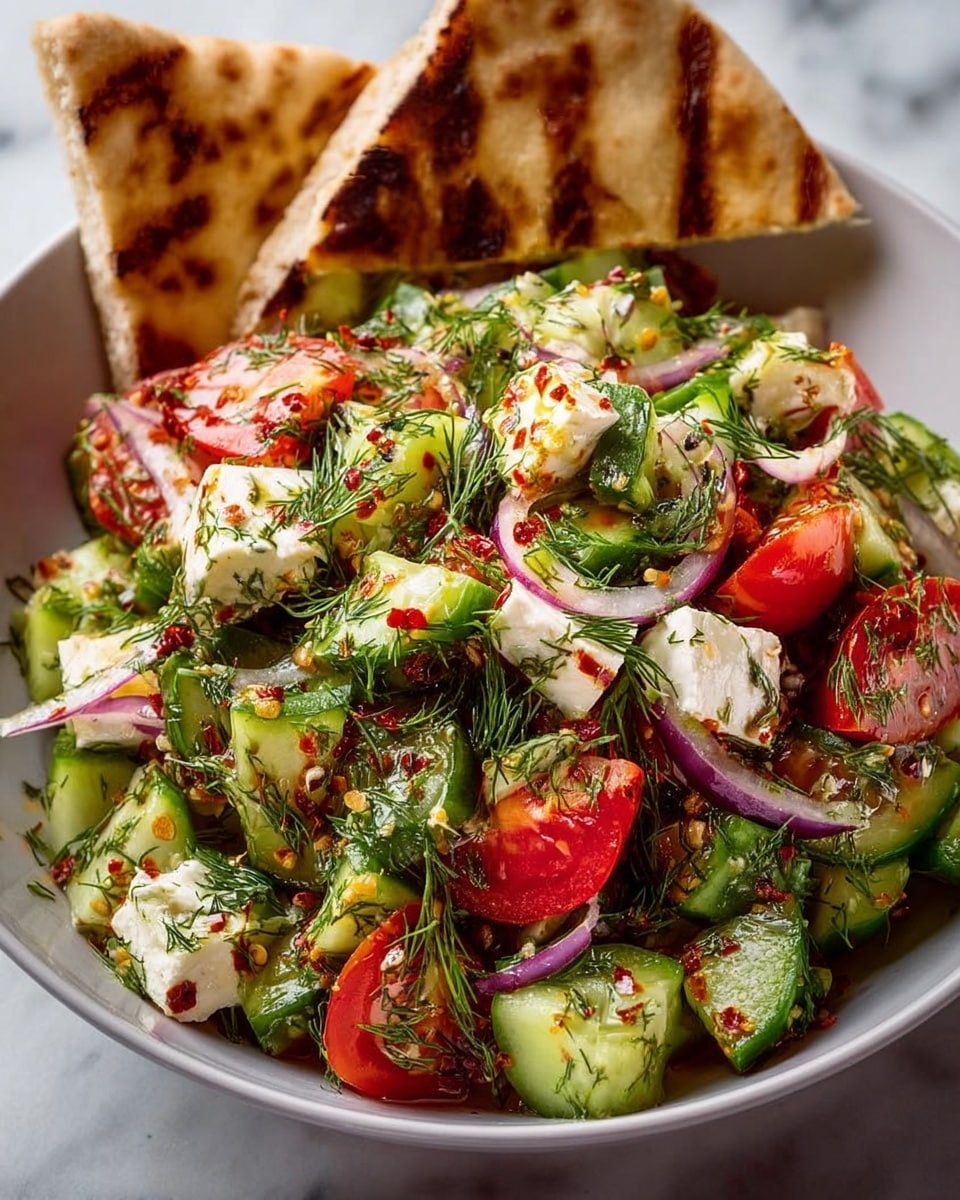 A white bowl filled with a fresh salad made of chunky green cucumber pieces, bright red tomato wedges, white cubes of feta cheese, thin slices of light purple onion, and topped with sprigs of green dill. The salad is seasoned with visible red chili flakes and herbs, creating a textured, colorful mix. Behind the salad, three triangular, grilled pita bread wedges with golden-brown grill marks rest against the bowl's edge. The whole scene is set on a white marbled surface. photo taken with an iphone --ar 4:5 --v 7