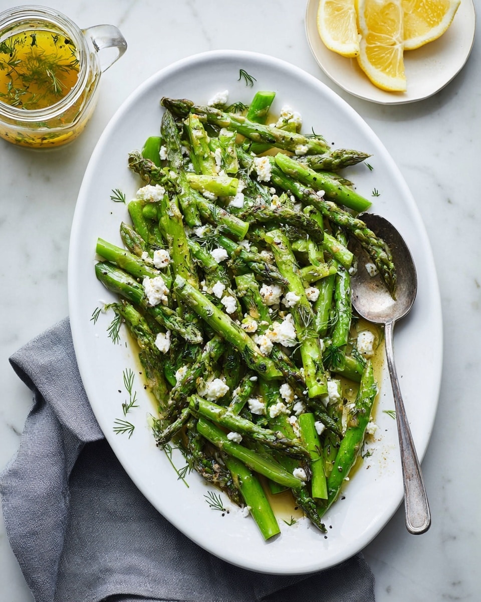 The image shows a white oval plate filled with vibrant green asparagus pieces cut into bite-sized lengths, lightly grilled with small char marks, and mixed with crumbled white cheese scattered evenly across the top. The asparagus is glossy with dressing, and finely chopped herbs are visible among the pieces. A silver spoon rests on the right side of the plate. To the top left is a glass jar filled with a yellowish-green dressing containing dill herbs, and to the right, on the white marbled surface, there is a small white plate holding thin lemon slices. A gray cloth napkin is partially visible under the bottom left of the plate. photo taken with an iphone --ar 4:5 --v 7