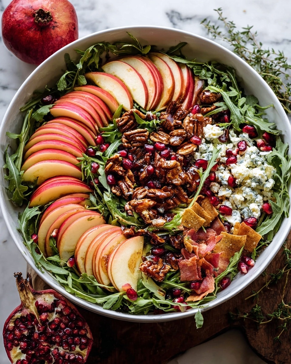 A white bowl is filled with a fresh salad that has many layers and colors. The bottom layer is a bed of dark green arugula leaves with a rough texture. On top of that, there are several curved slices of thin, red and yellow apples placed evenly around the bowl. Scattered throughout are small red pomegranate seeds adding bright spots of color. There are also clusters of toasted nuts and seeds with a shiny, brown caramel coating on several parts of the salad. Small crumbles of white cheese are sprinkled over the top, adding a creamy contrast. Pieces of dried fruit or vegetable chips in a reddish-brown color are mixed in as well. The bowl sits on a white marbled surface with a half pomegranate and some sprigs of green herbs nearby. photo taken with an iphone --ar 4:5 --v 7